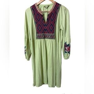 NEW JOHNNY WAS Workshop Green Annaliese bishop sleeve embroidered dress